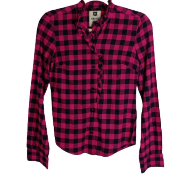 LEVI'S Womens XS Pink Black Cotton Button-Down Top Ruffled Checkered Long Sleeve - Picture 1 of 5